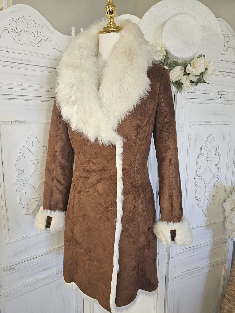 Johnston & Murphy Brown Suede Shearling Faux Fur Penny Lane Coat